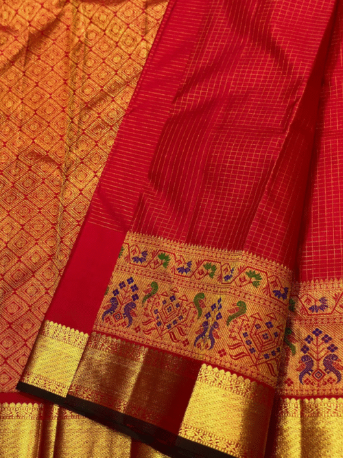 2G Zari Paithani Border Pure Silk Saree with Vaira Oosi Check Design